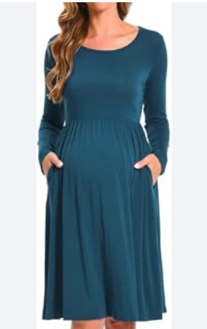 Bearsland Women’s Maternity Dress Medium Teal Ruffle Long Sleeve Stretch Pockets